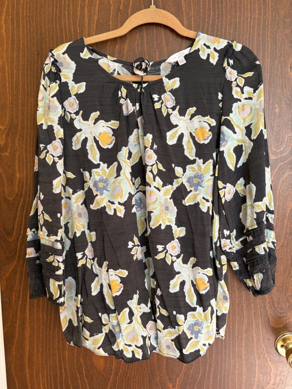LC Lauren Conrad Black Floral Tie-Back Blouse with Yellow and Blue Accents
